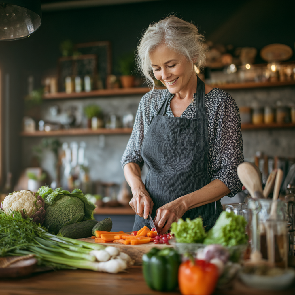 middle-aged woman preparing healthy meal with fresh vegetables