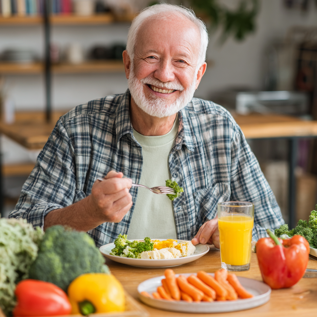 senior man enjoying nutritious meal with colorful vegetables and protein